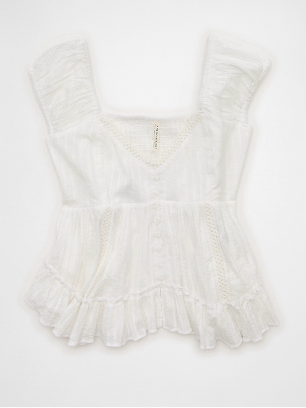 American Eagle Outfitters White Button-Front Ruffle Peplum Top